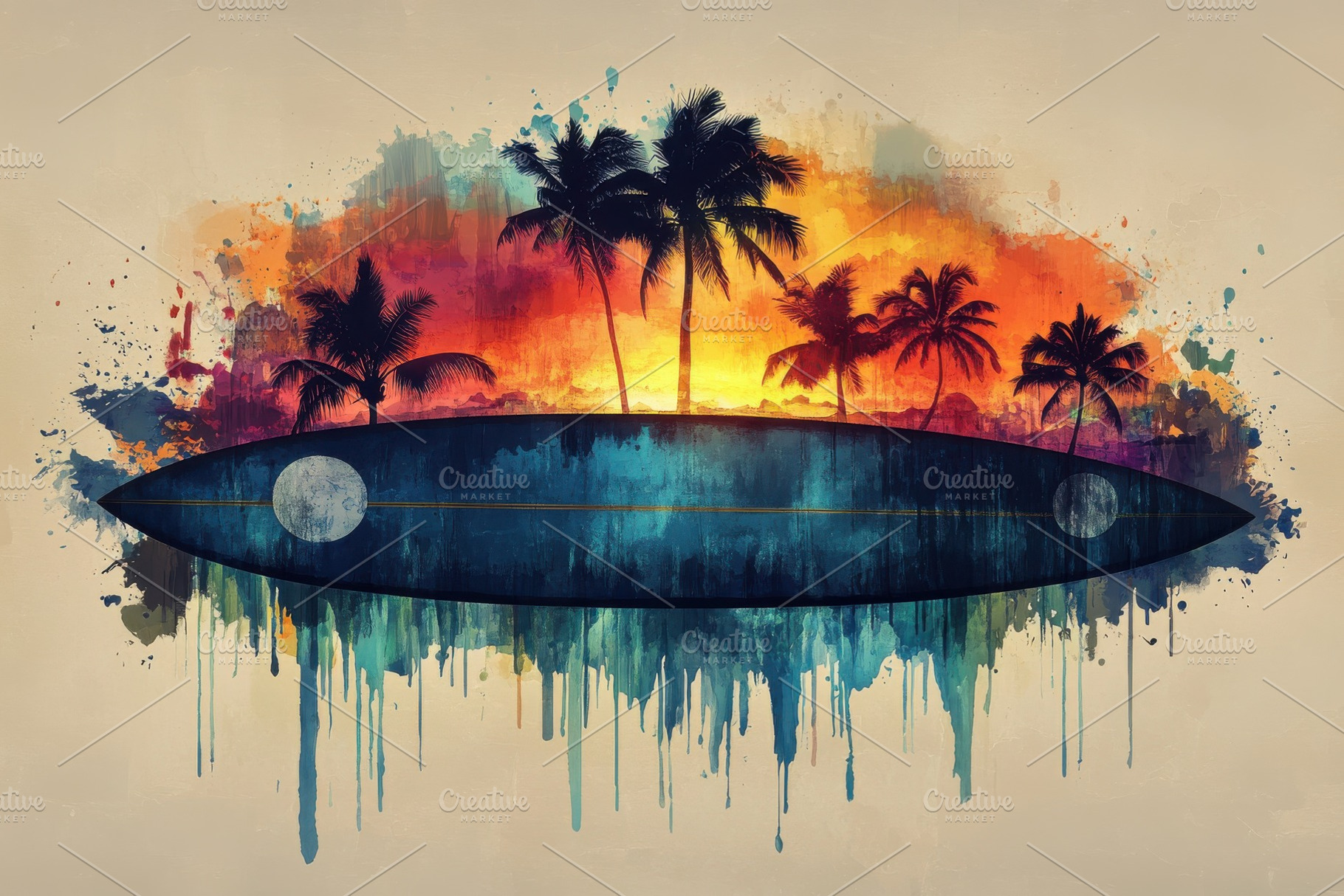 Surfboard Silhouette Tropical Sunset, a Photo by Pixeness Studio