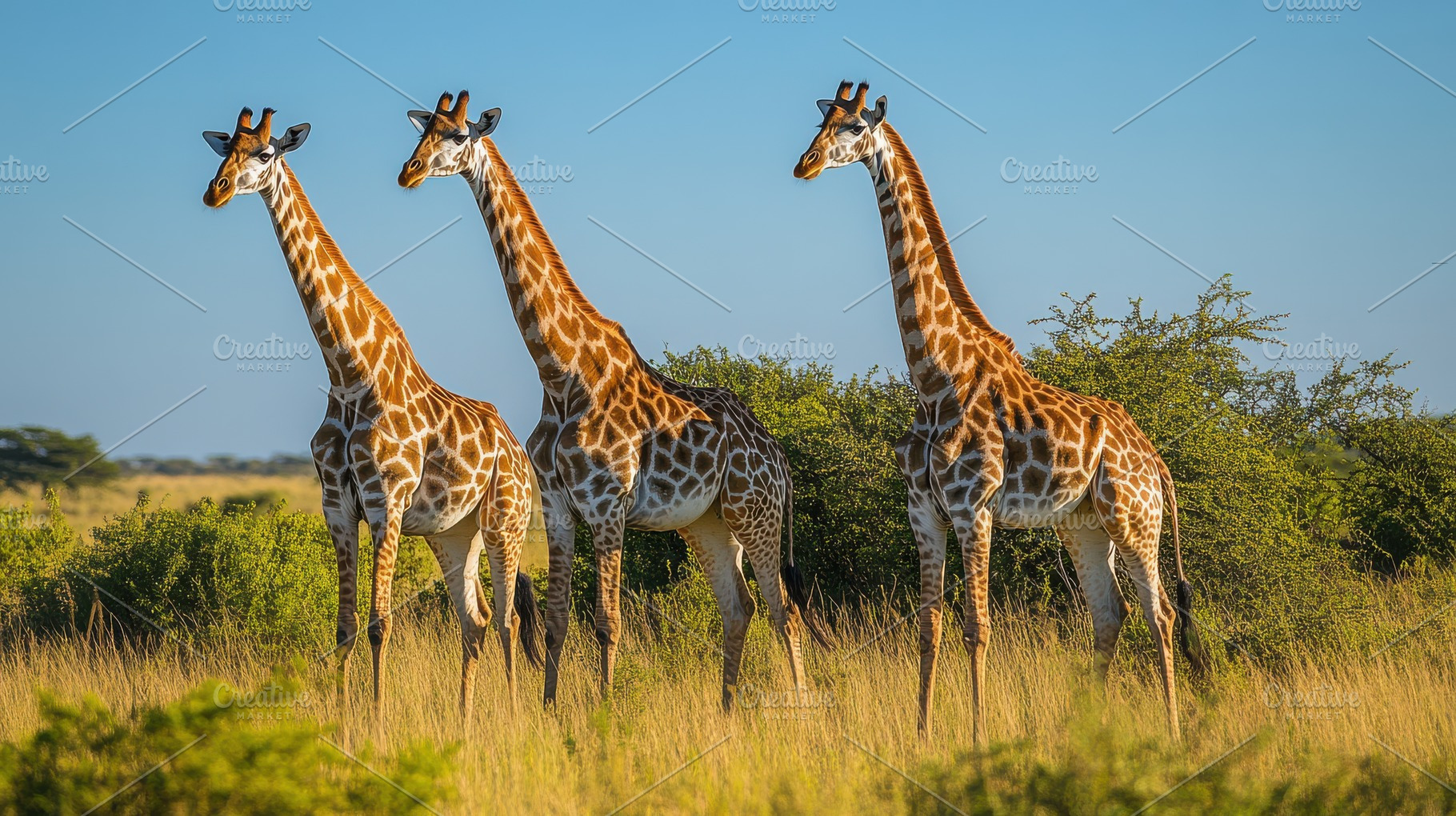 Three giraffes standing tall in the, an Animal Photo by Pixeness