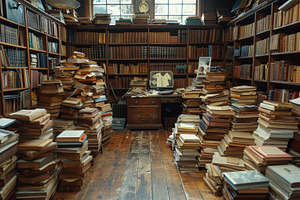 Stacks of old books filling a cozy library space, a Photo by AS photostudio