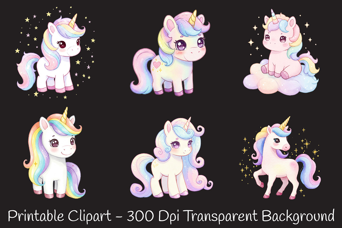 Cute Kawaii Unicorn Clipart PNG, an Animal Illustration by RobertsArt (Photo 5 of 7)