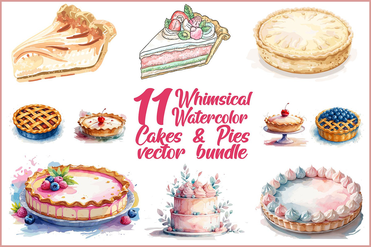 Watercolor Cakes & Pies Set, an Illustration by hafijul (Photo 1 of 11)