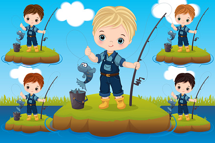 Vector Cute Little Boy Fishing