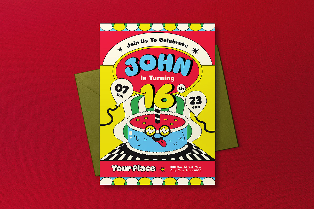 Red Cartoon Teen Birthday Invitation, an Invitation Template by graphicook (Photo 3 of 3)