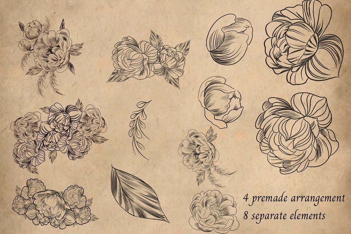 Peony tattoo collage procreate brush, a Brush Add-On by Meisanmui (Photo 2 of 3)