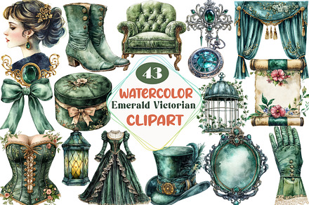 Watercolor Emerald Victorian Clipart, an Illustration by DreamCafeArt