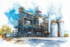 A detailed illustration of an industrial facility with large storage tanks, pip, a Technology Illustration by Textures & Backgrounds