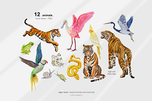 Tropical tiger, animals, leaves