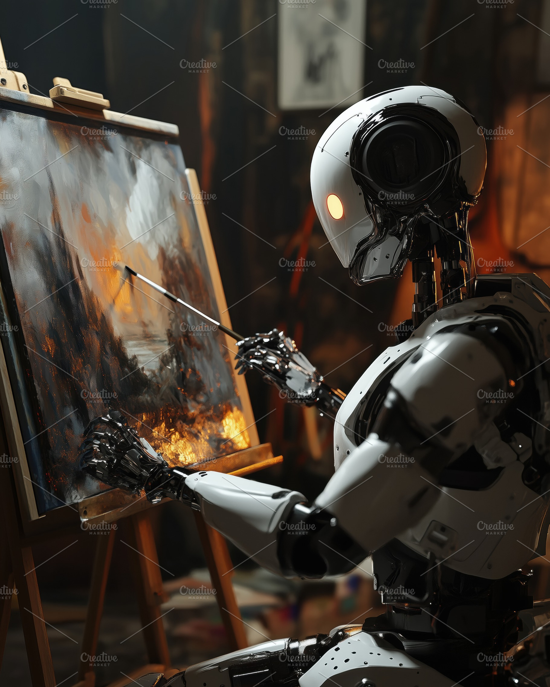 A humanoid robot painting on a canvas in a dimly lit studio. The robot has a sl, an Industrial Photo by Textures & Backgrounds