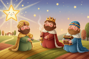 Three Kings presenting gifts near manger for Christmas