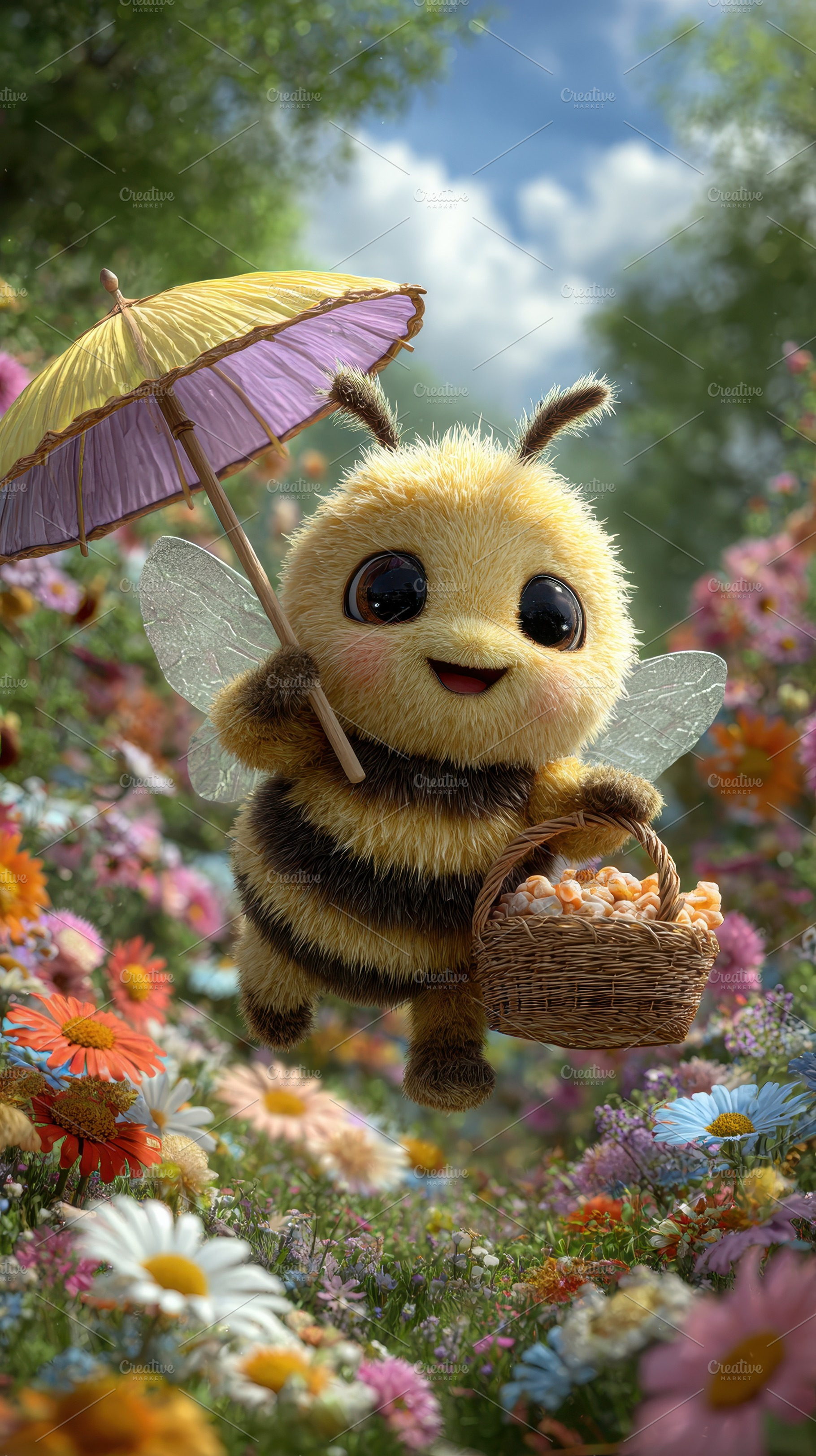Cute bee flying in flower field with, a Photo by Pixeness Studio