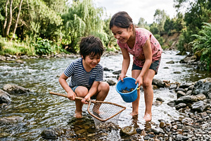 Children Catching Fish in a Shallow Forest Stream, a Sports & Recreation Photo by Davizro's Market