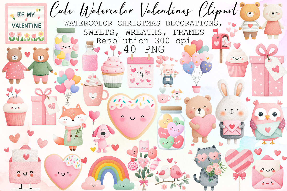 Cute Watercolor Valentines Clipart B, an Illustration by Sublimation Artist (Photo 1 of 6)
