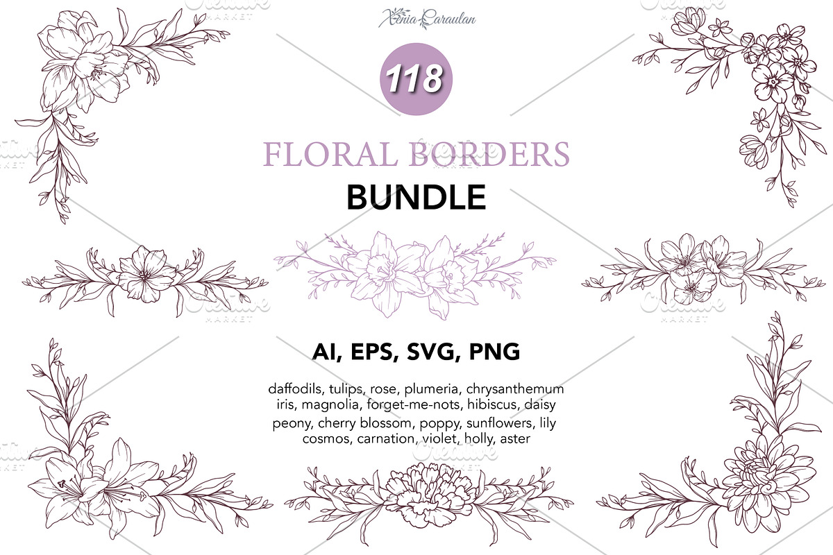 Fine Line Floral Borders SVG Bundle, a Decorative Illustration by CaraulanStore (Photo 1 of 10)