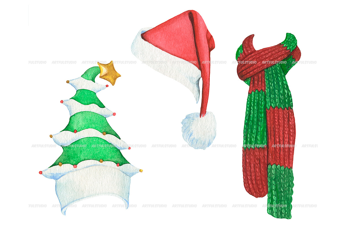 Watercolor Christmas hats and scarve, a Seasonal Illustration by ArtfulStudio (Photo 4 of 10)