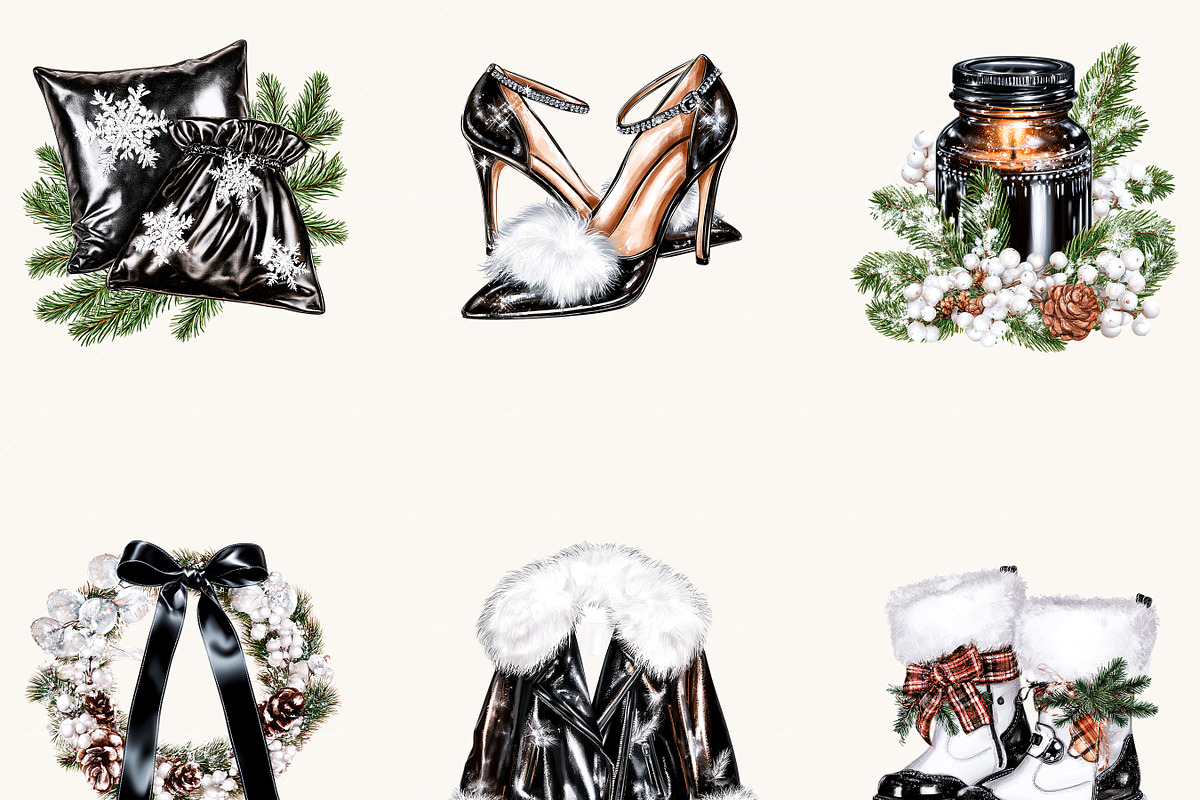 Black & White Christmas Clipart, a Seasonal Illustration by BusyDaydesign (Photo 3 of 9)
