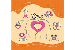 heart between heads with care icons, an Object Illustration by studiogstock