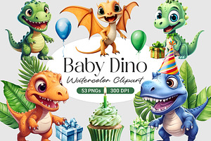 Baby Dino Party Watercolor Clipart