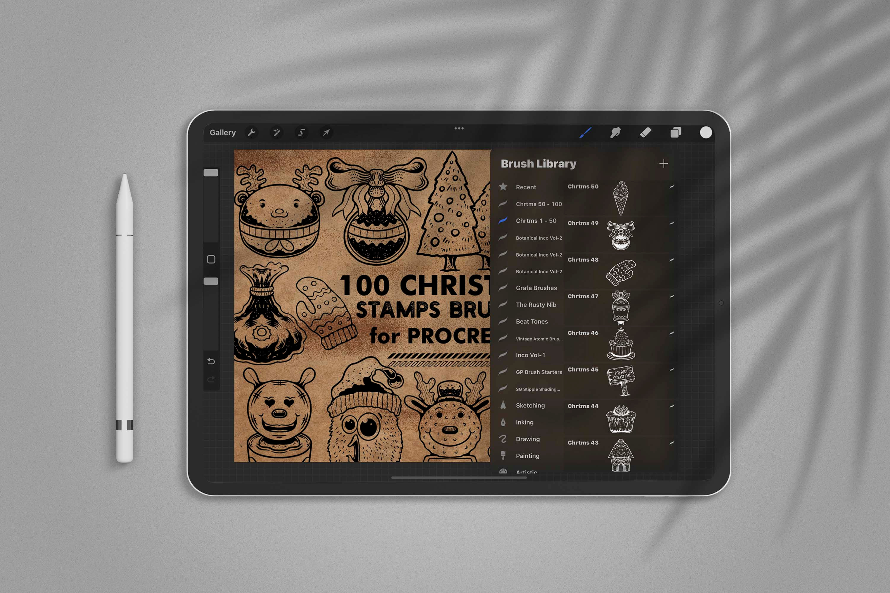 100 Christmas Brush Stamp Procreate, a Brush Add-On by shufflesinc