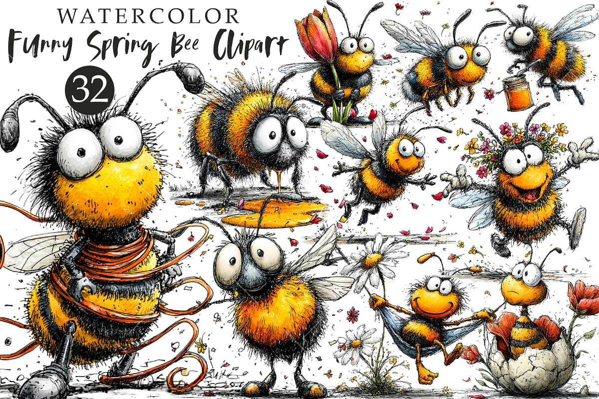 Funny Spring Bee Clipart, an Illustration by OK Design (Photo 1 of 6)