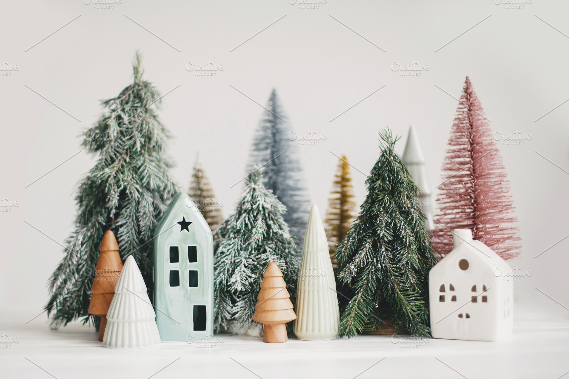 Miniature modern christmas village featuring background, banner, and beautiful, a Holiday Photo by Sonjachni