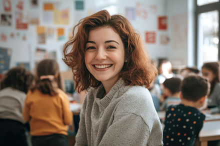 Female teacher smiling in class, a Photo by Pavel_design