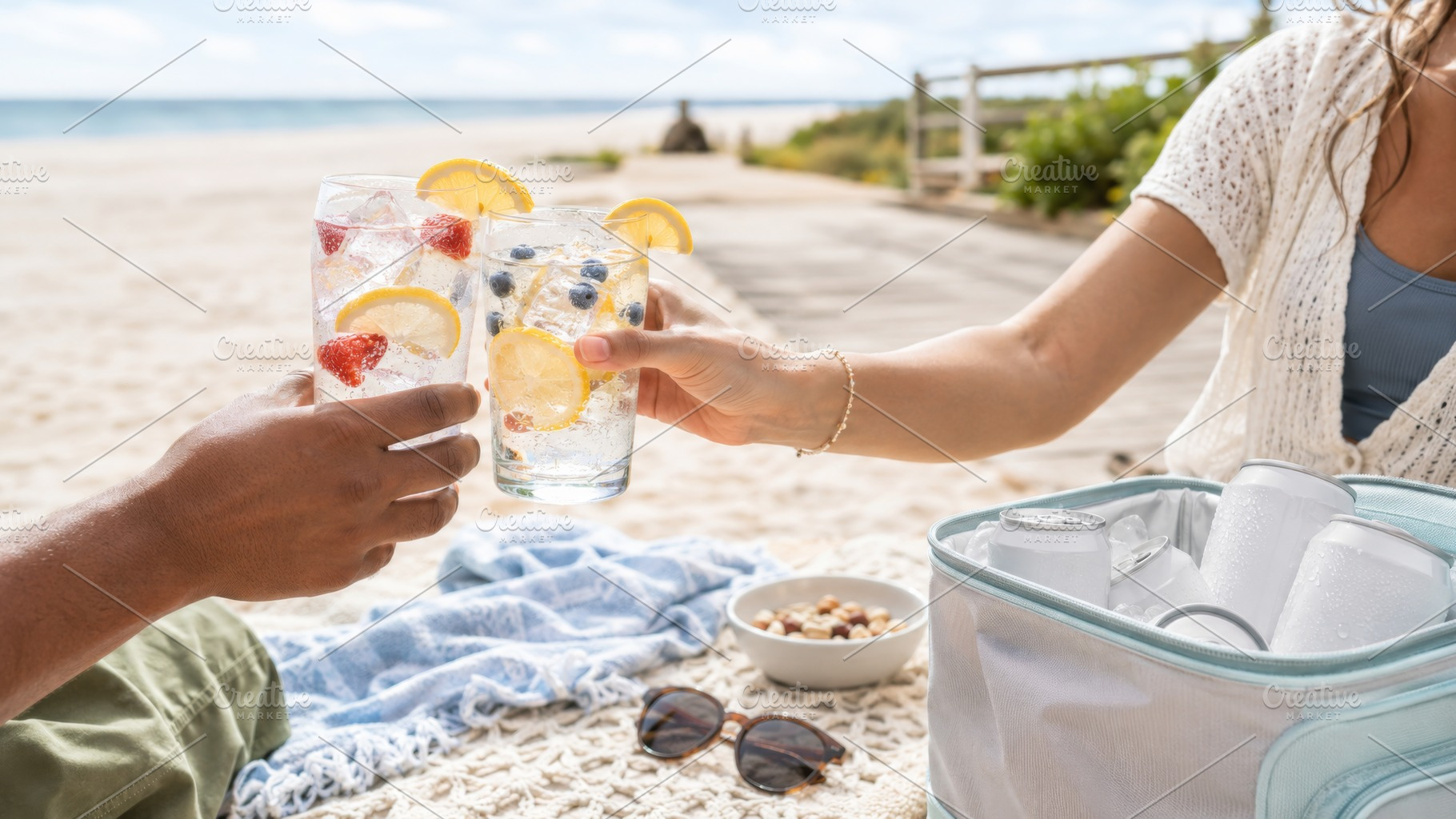 Beach picnic with refreshing summer, a Photo by Dvoevnore photos