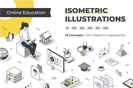 Isometric Lined Illustrations Set