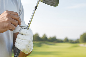 Golf player cleaning club on sunny c, a Photo by Dvoevnore photos