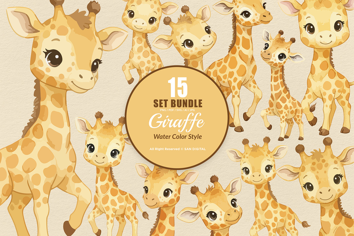 15 Bundle Watercolor Giraffe Yellow, an Animal Illustration by Morspective (Photo 1 of 8)