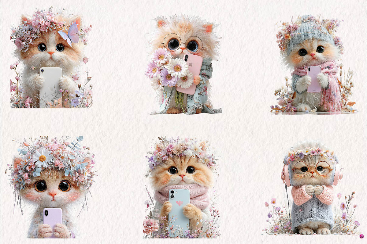 whimsical-boho-selfie-kitten-clipart, a Seasonal Illustration by CreationArt (Photo 2 of 7)