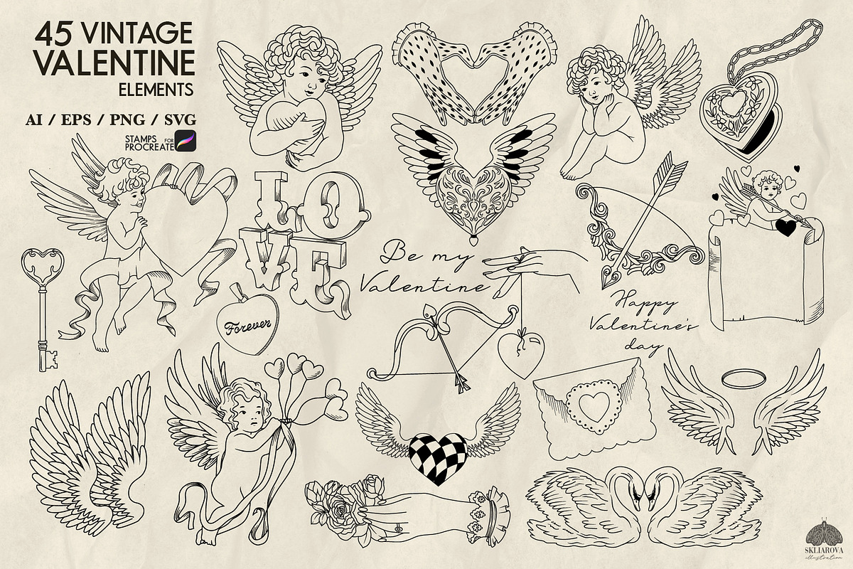 Vintage Valentine line art, a Decorative Illustration by Skliarova (Photo 3 of 5)
