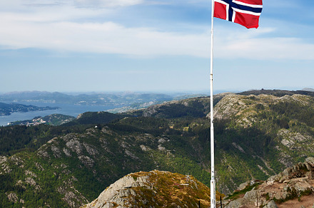 Norwegian Flag in mountains near Bergen Ulriken