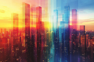 Vibrant Cityscape Sunset Skyscrapers, a Photo by Pixeness Studio