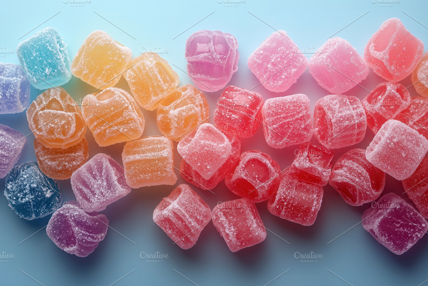 Colorful gummy candies arranged on a, a Photo by Tanuart