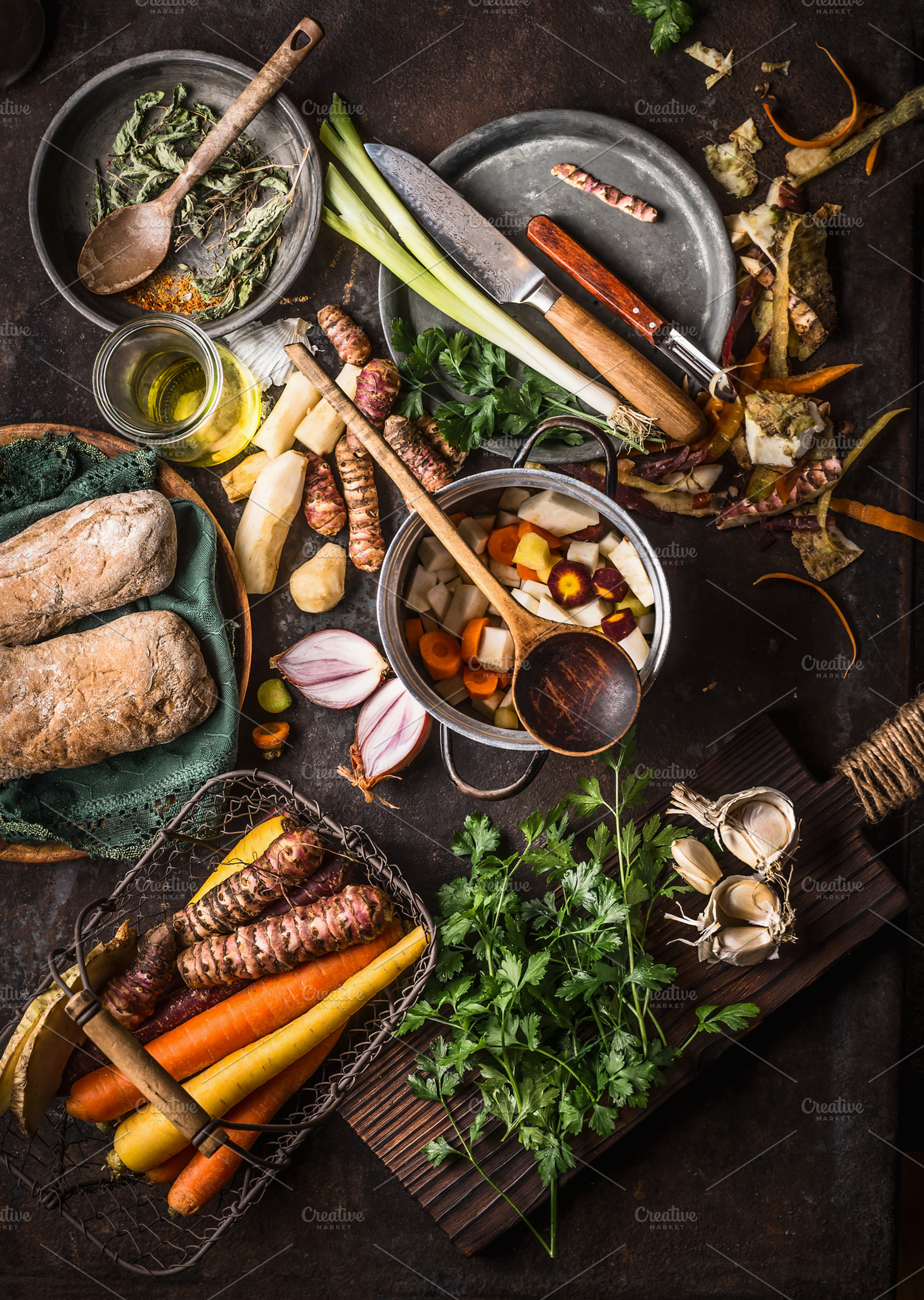 Root vegetables cooking, rustic, a Food & Drink Photo by VICUSCHKA