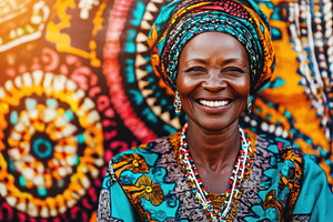 Smiling African woman in colorful traditional attire and headwrap, standing by, a Person Photo by Mashimara