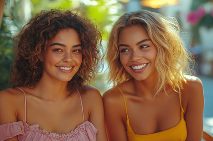Two smiling young women with curly and wavy hair, radiating joy in a sunlit out, a Person Photo by ImageMir