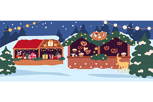 Snow covered Christmas shops and, an Illustration by Vectorbuum