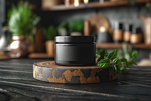 Elegantly styled black jar on a wooden display with greenery in a serene settin, a Background Photo by ImageMir