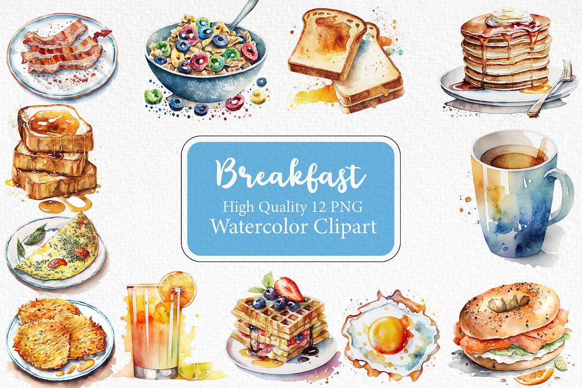 Watercolor Breakfast Clipart Set, a Food Illustration by CreativeClick (Photo 1 of 4)