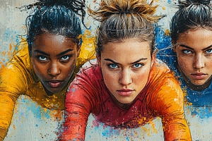 Three determined athletes showing focus and determination in starting positions, an Illustration by AS photostudio