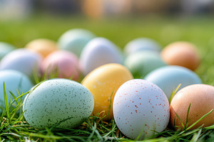 Colorful easter eggs on green grass, a Holiday Photo by AlyaAnd