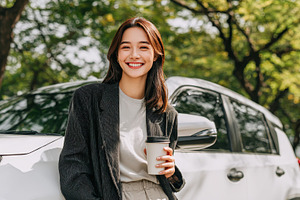 Happy woman coffee car outdoor sunsh, a Photo by Pixeness Studio