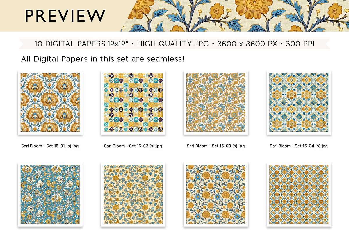 Mustard & Blue Floral Patterns, a Pattern Graphic by Maishop (Photo 4 of 4)