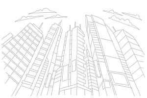 Big City Skyscraper Sketch Buildings. Gray Line Skeleton Strokes Modern Architecture Landscape. Hand Drawn Vector Stock Illustration.