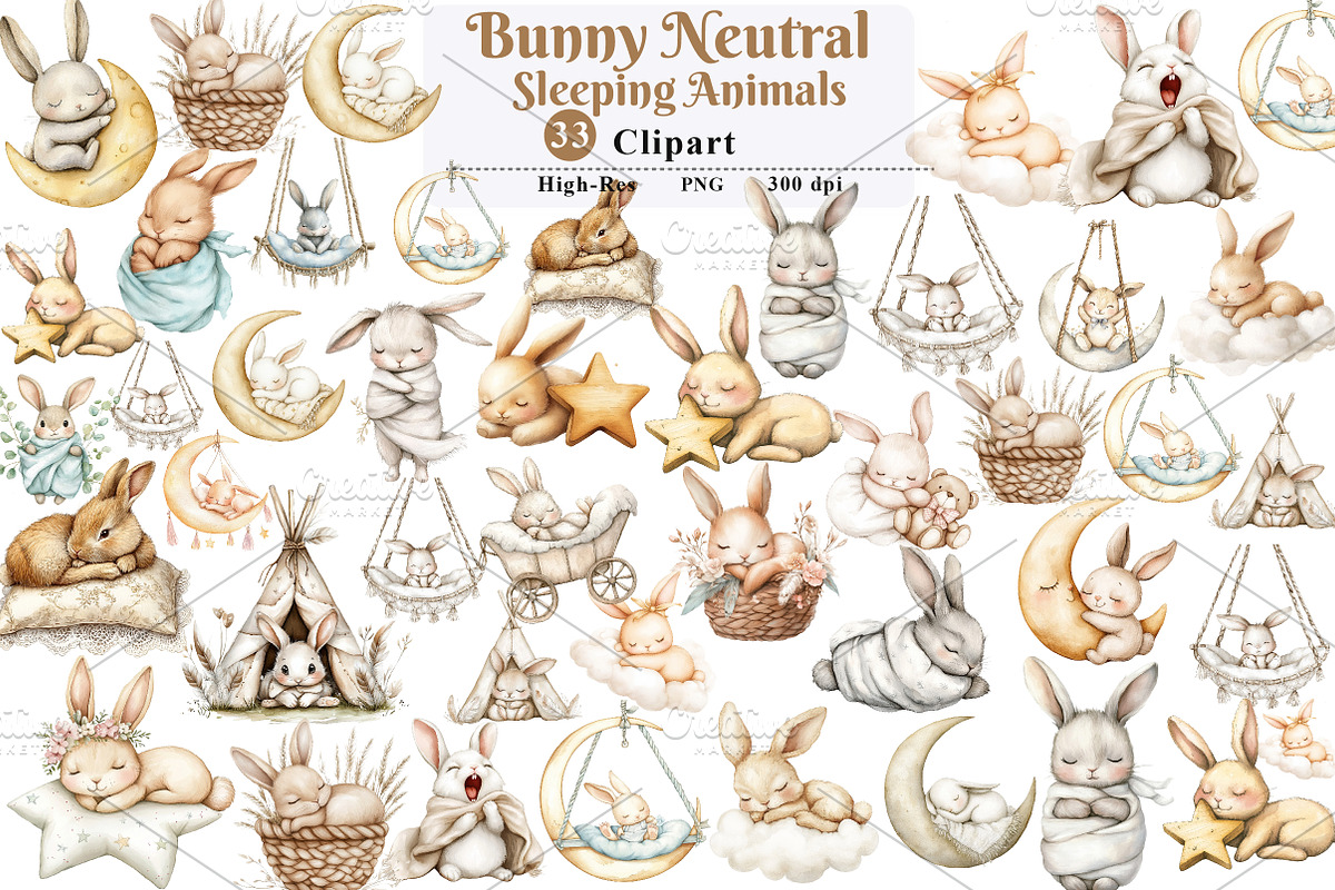 Bunny Neutral Sleeping Animals png, an Illustration by Watercolor design (Photo 1 of 5)