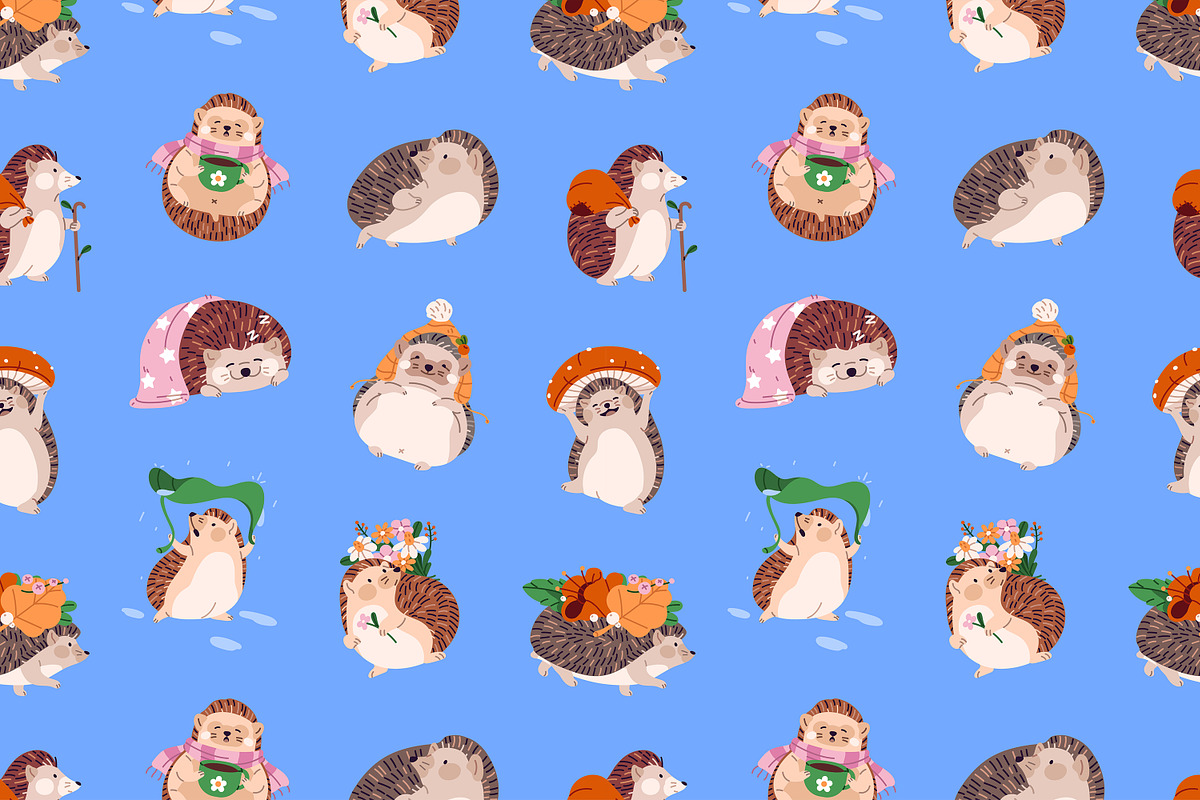 Cute funny hedgehogs set + patterns, an Animal Illustration by PaperTrident (Photo 3 of 3)