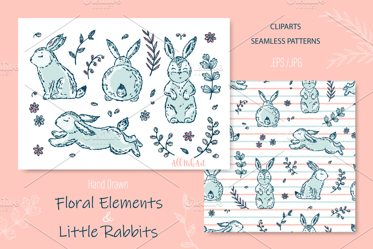 Hand Drawn Rabbits & Floral Elements, a Pattern Graphic by AllNikArt (Photo 1 of 4)