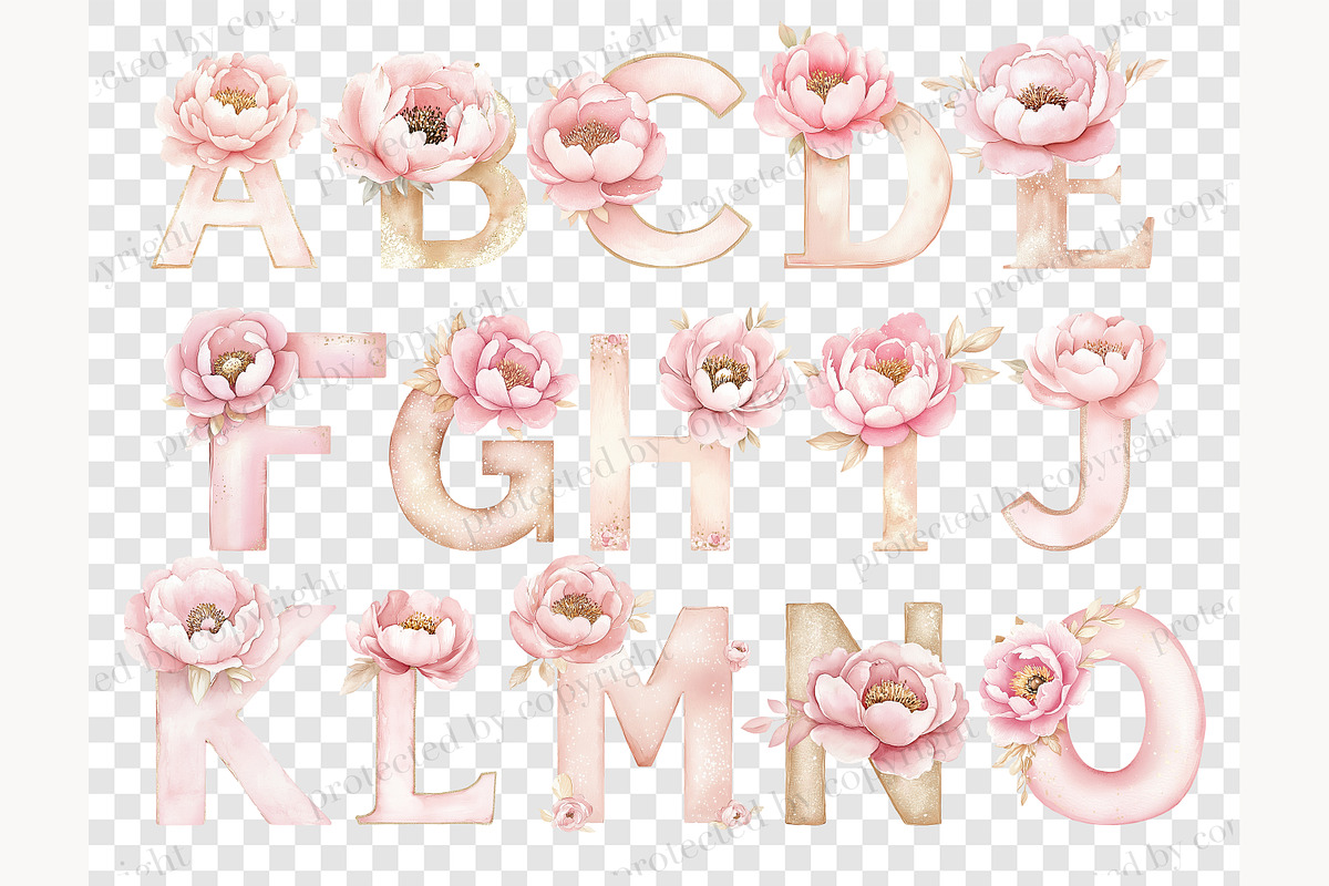 Pink Flowers Alphabet Clipart, a Decorative Illustration by GlamArtZhanna (Photo 6 of 8)