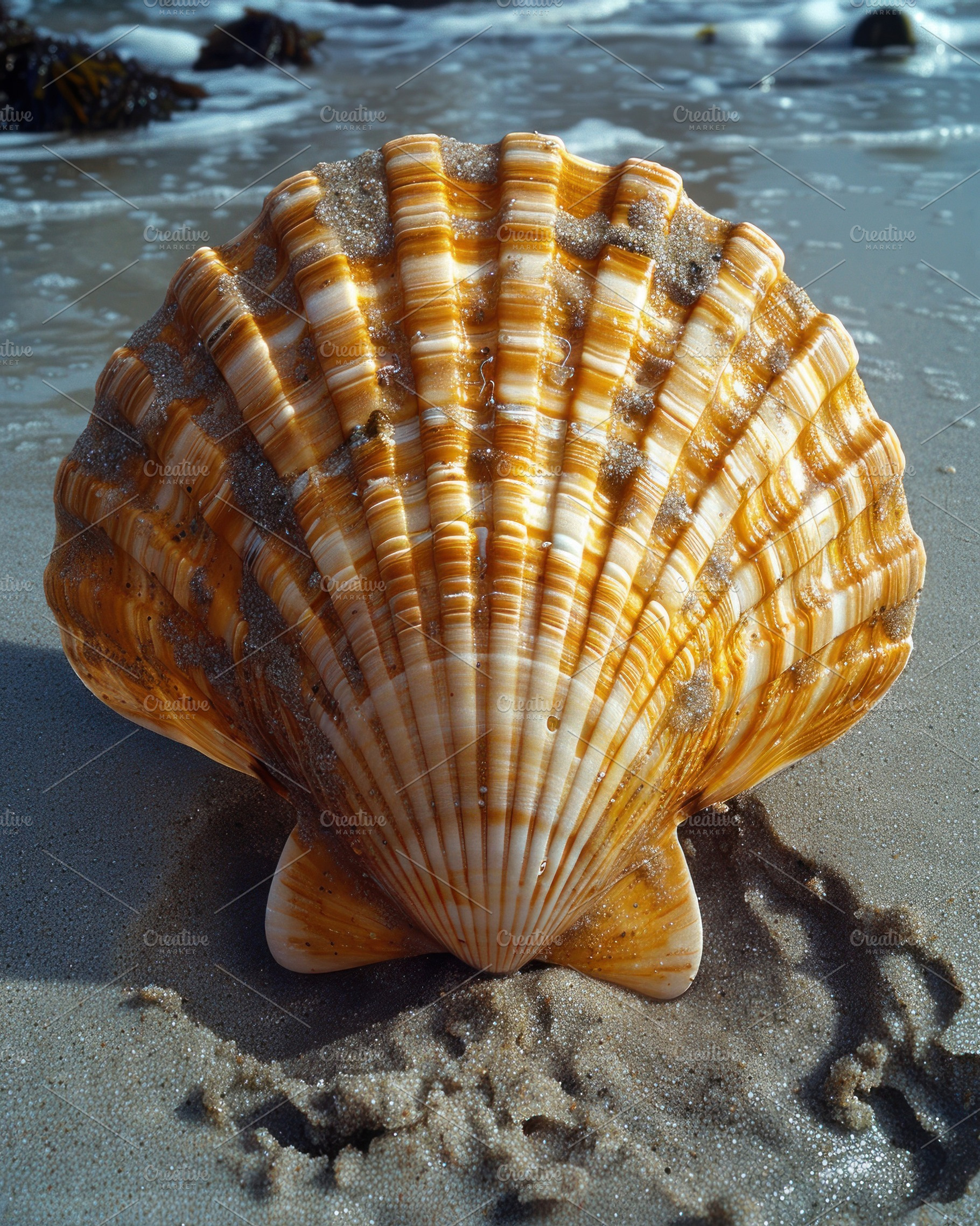 Scallop seashell in wet sand with sea foam and water reflections, a Photo by José Manuel Gelpi